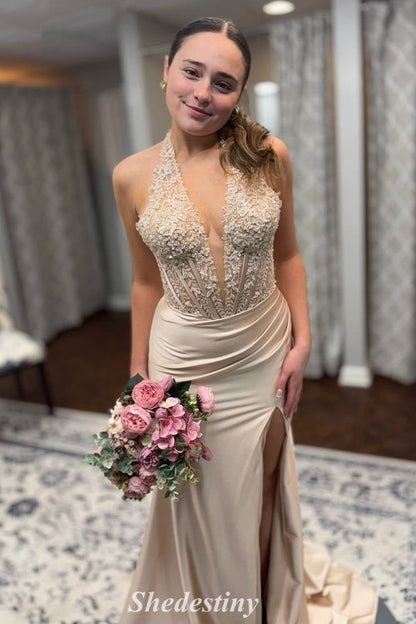 Rhinestone Halter V-Neck Royal Blue Mermaid Slit Prom Dress