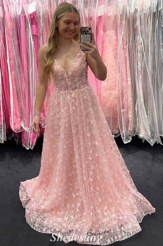 3D Bow A-Line Pink V-Neck Long Prom Dress with Strappy