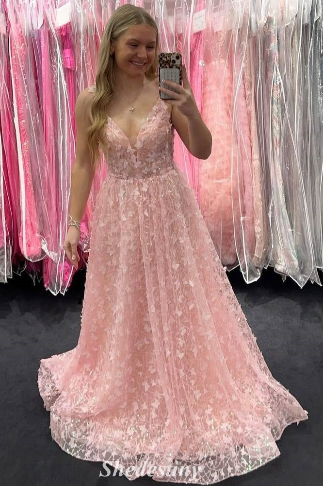 3D Bow A-Line Pink V-Neck Long Prom Dress with Strappy