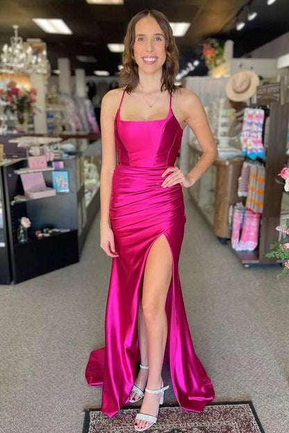 Lace-Up Magenta Satin Mermaid Elegant Prom Dress with Slit