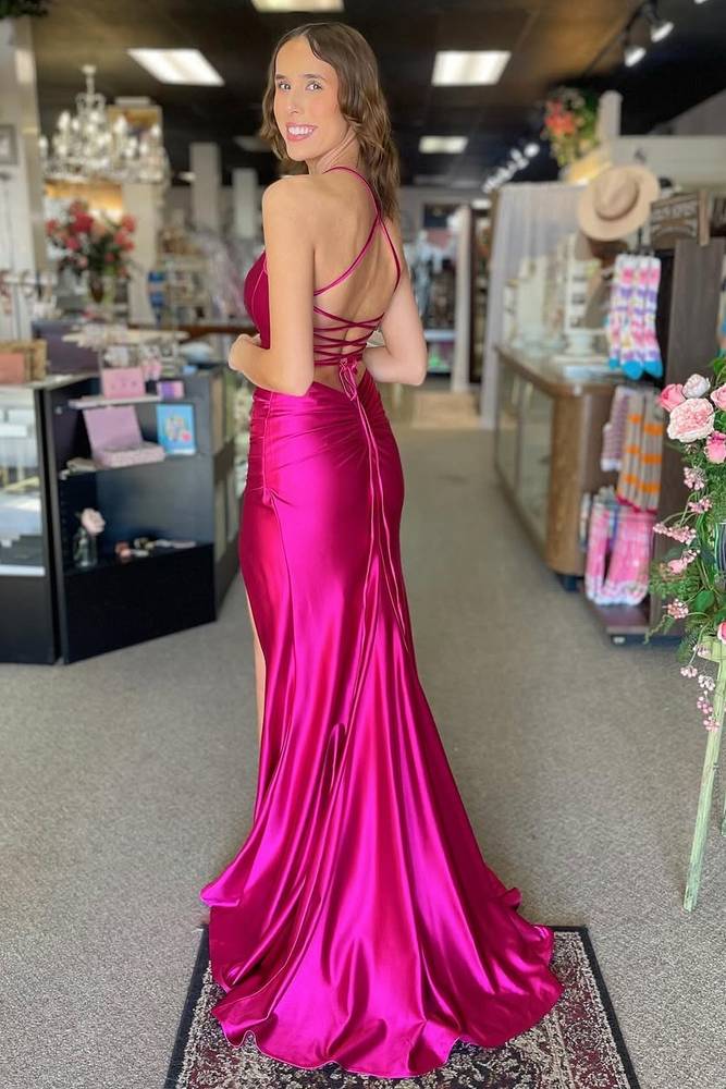 Lace-Up Magenta Satin Mermaid Elegant Prom Dress with Slit