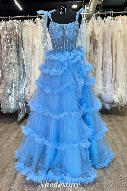 Tulle Blue Sheer Corset A-Line Layered Prom Dress with Straps