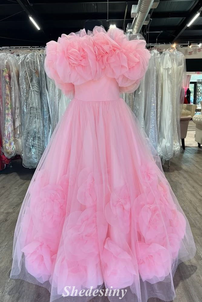 Rosette Pink Off-Shoulder A-Line Tulle Ball Gown with Rose Petals