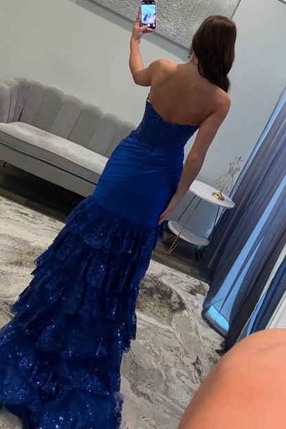 Red Strapless V-Neck Mermaid Pleated Layered Long Prom Dress with Slit