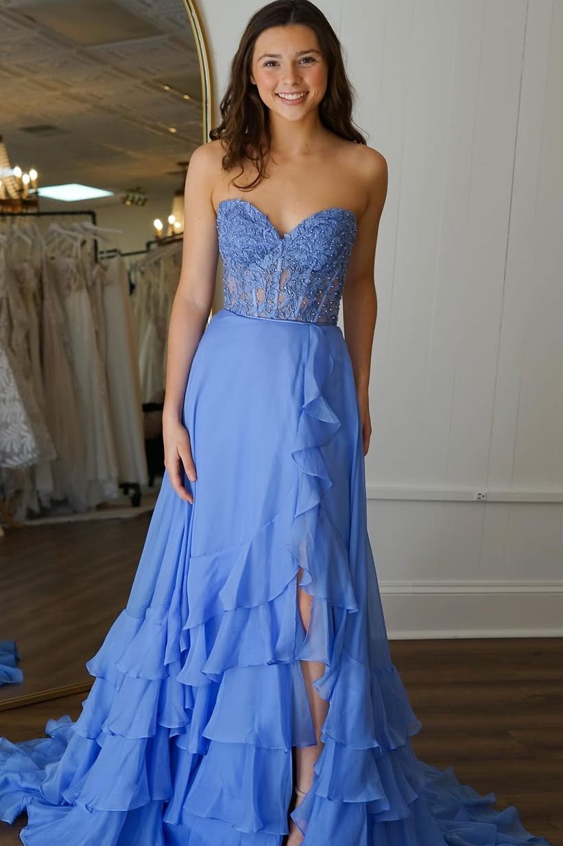A-Line Strapless V-Neck Empire-Waist Ruffles Chiffon Long Prom Dress