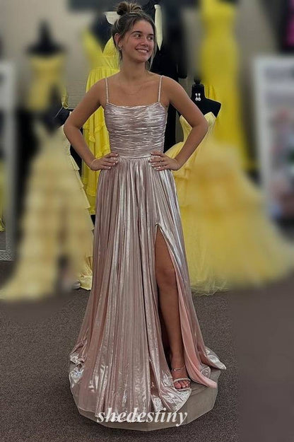 Spaghetti Straps Light Pink Pleated Metallic Prom Dress with Slit