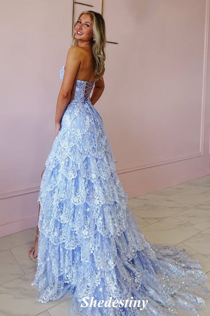 Ruffle Light Blue Plunging V-Neck A-Line Prom Gown with Sequin