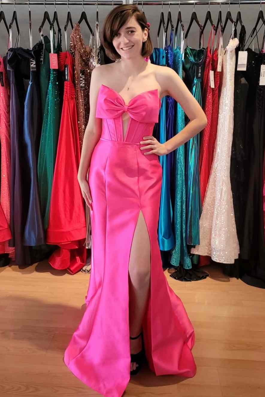 Keyhole Red Bow Strapless Mermaid Prom Dress with Slit
