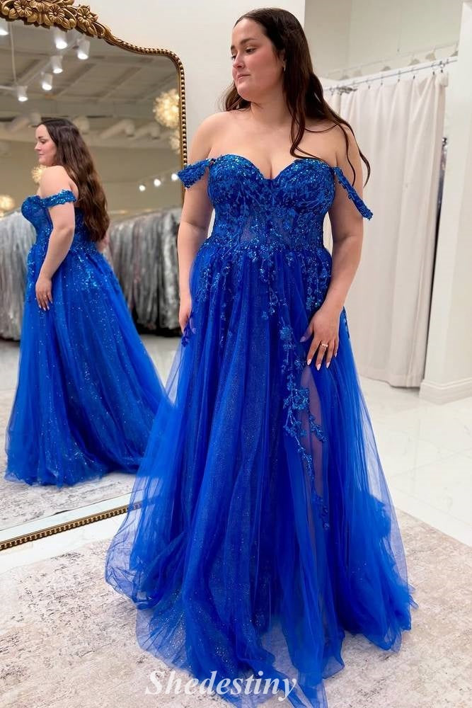 Sequin Applique Blue Off the Shoulder A-Line Tulle Prom Dress