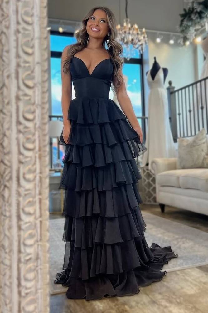 Hot Pink Spaghetti Strap Ruffle Tiered Long Prom Dress