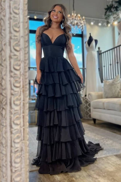 Hot Pink Spaghetti Strap Ruffle Tiered Long Prom Dress