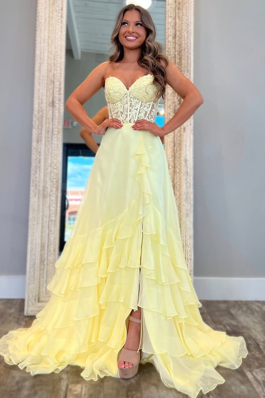 A-Line Strapless V-Neck Empire-Waist Ruffles Chiffon Long Prom Dress