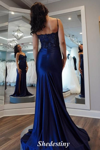 Elegant V-Neck Sequin Navy Blue Mermaid Slit Prom Dress