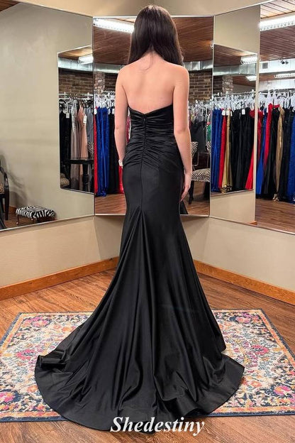 Satin Black Sweetheart Keyhole Mermaid Slit Prom Dress