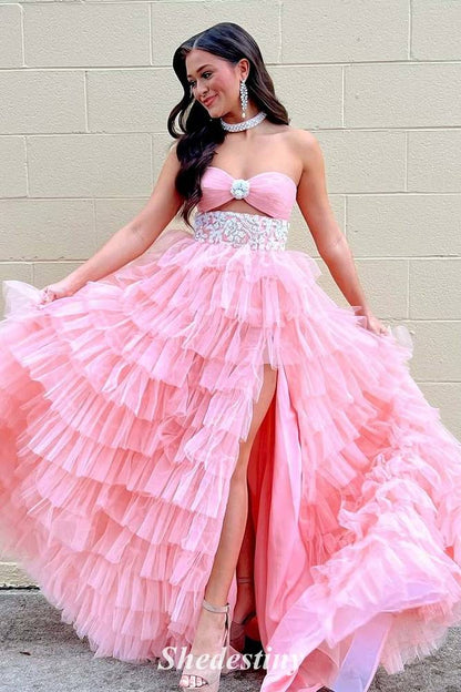 Blush Strapless Corset A-Line Layered Fitted Prom Dress with Slit