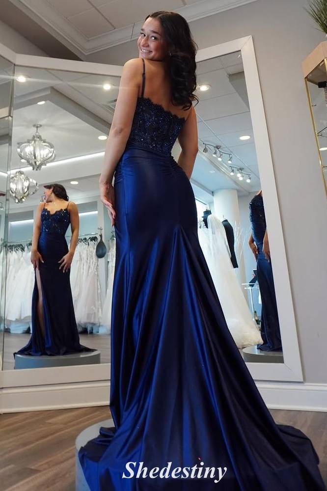 Elegant V-Neck Sequin Navy Blue Mermaid Slit Prom Dress