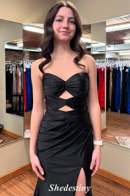 Satin Black Sweetheart Keyhole Mermaid Slit Prom Dress
