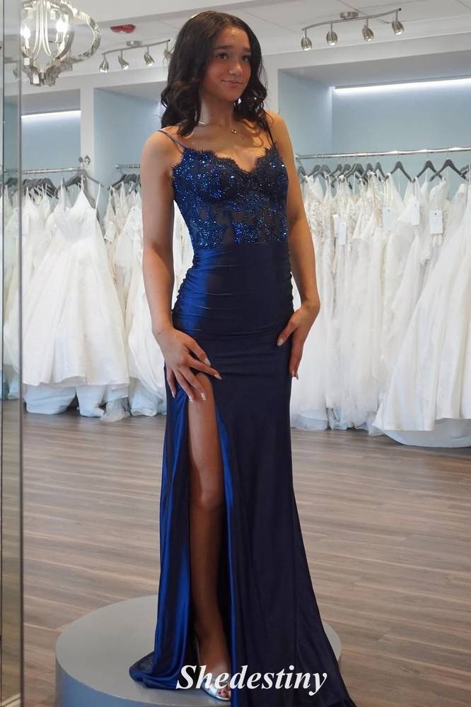 Elegant V-Neck Sequin Navy Blue Mermaid Slit Prom Dress