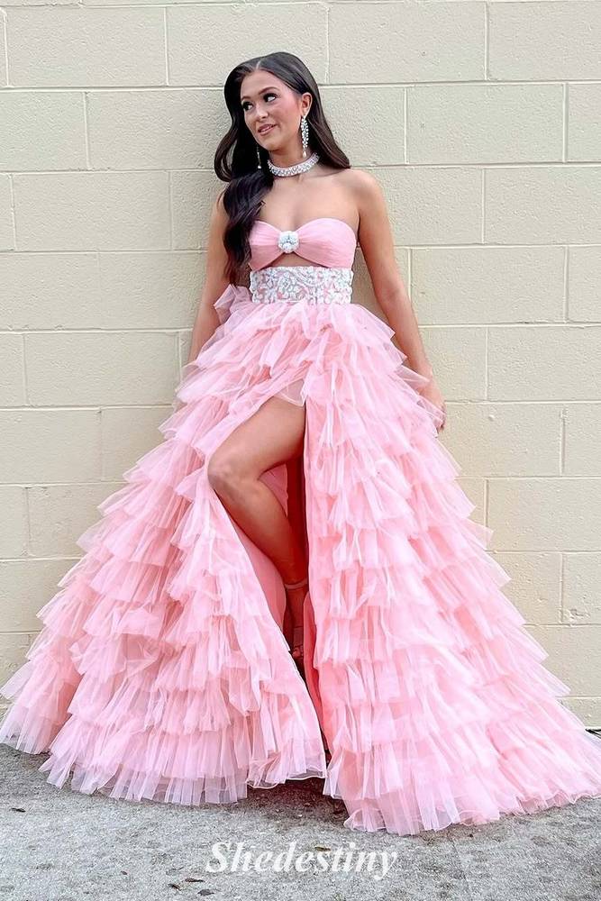 Blush Strapless Corset A-Line Layered Fitted Prom Dress with Slit