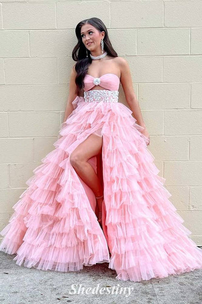 Blush Strapless Corset A-Line Layered Fitted Prom Dress with Slit