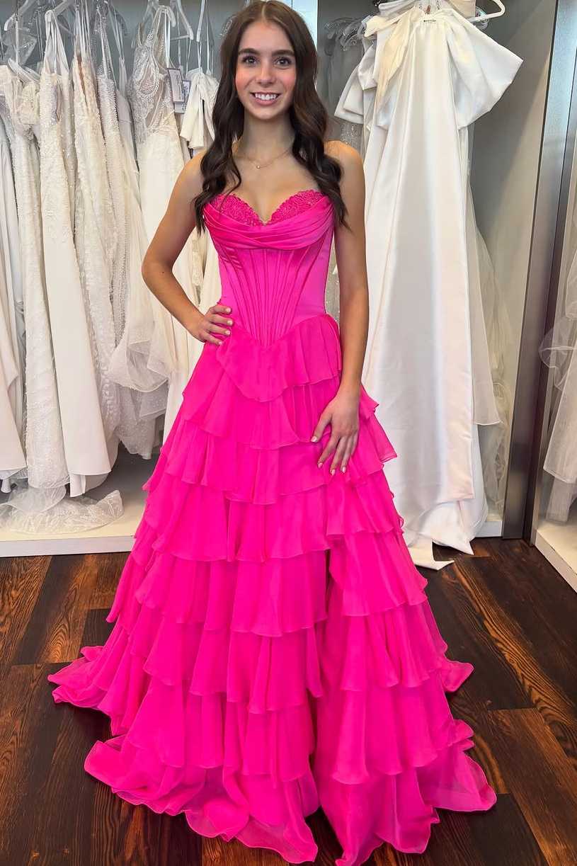 A-Line Strapless V-Neck Tiered Empire-Waist Long Prom Dress
