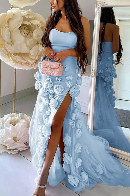 Pink Strapless A-Line 3D Flower Side Slit Long Prom Formal Dress