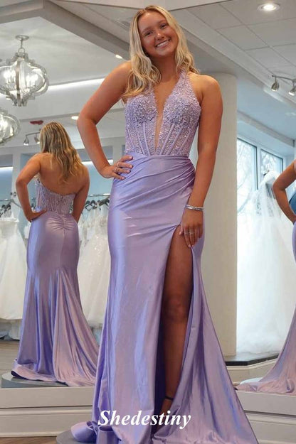 Rhinestone Halter V-Neck Royal Blue Mermaid Slit Prom Dress