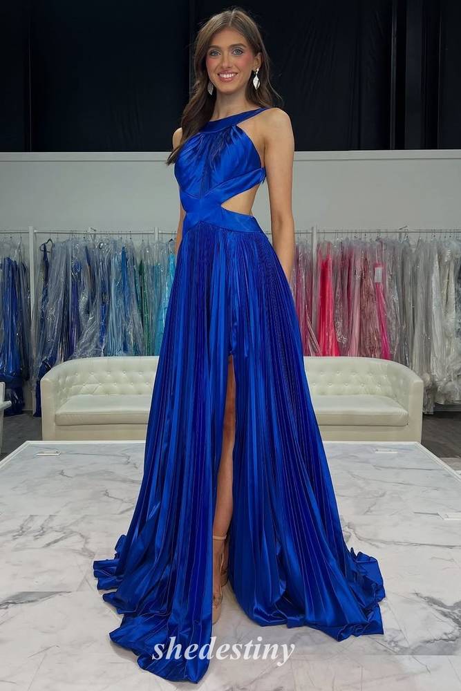 Stunning Red Backless Pleated Halter Prom Dress with Cutout Slit