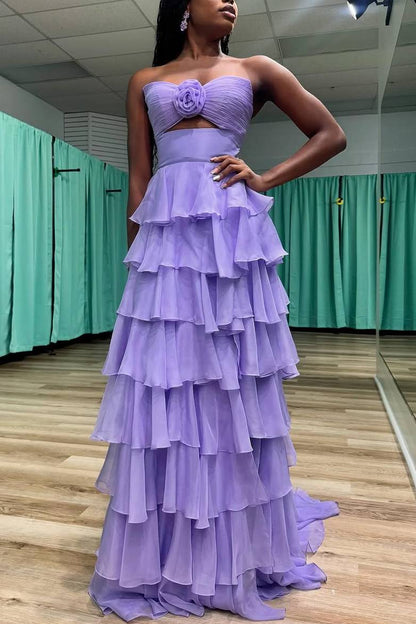 A-Line Strapless V-Neck Layered Chiffon Sleeveless Formal Prom Dress
