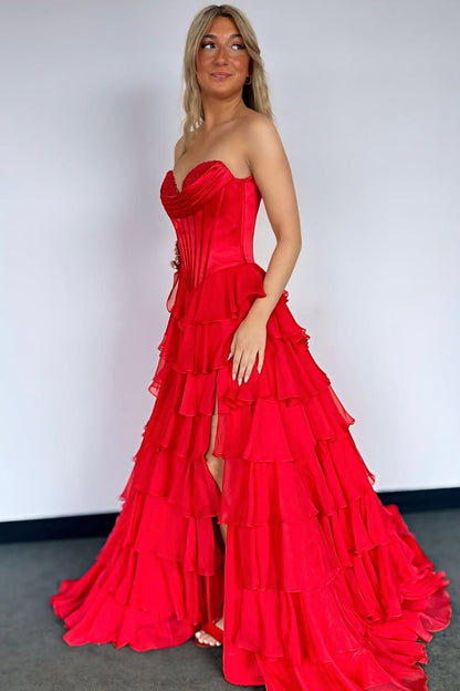 A-Line Strapless V-Neck Tiered Empire-Waist Long Prom Dress