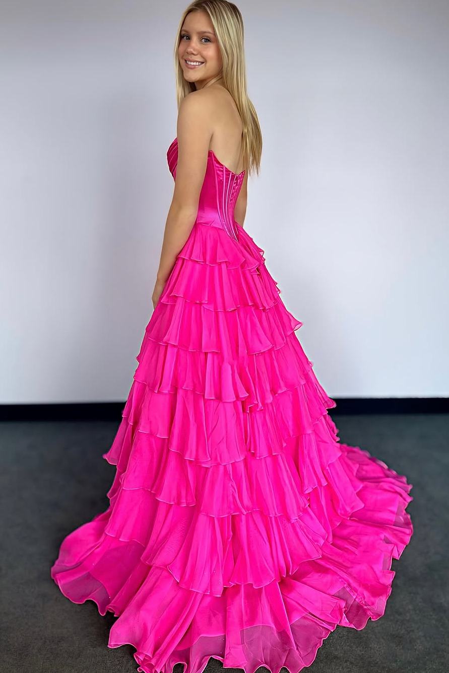 A-Line Strapless V-Neck Tiered Empire-Waist Long Prom Dress