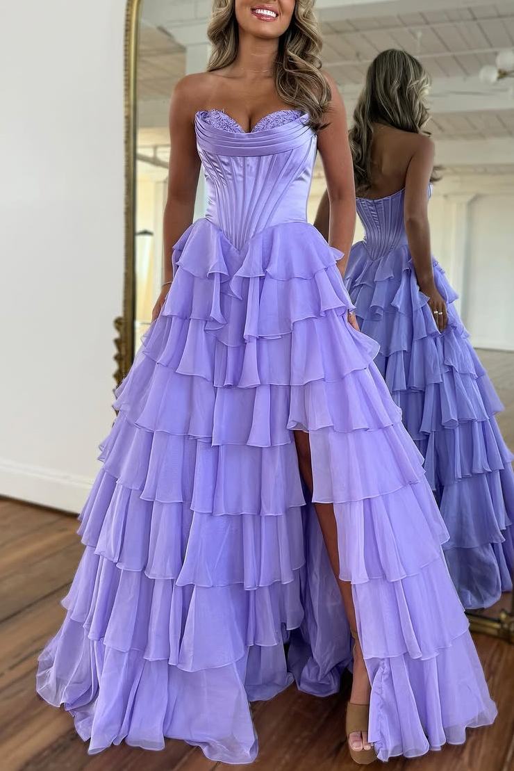 A-Line Strapless V-Neck Tiered Empire-Waist Long Prom Dress