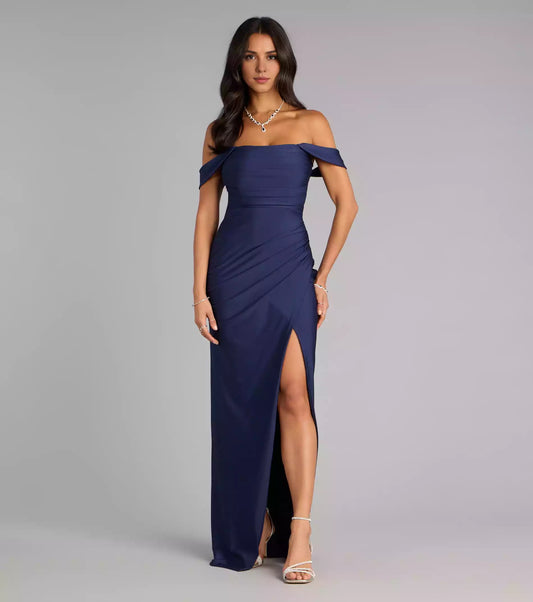 Soft and close fitting off shoulder collar with high slit, back zipper, close fitting contour and floor skirt Prom Dresses