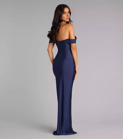 Soft and close fitting off shoulder collar with high slit, back zipper, close fitting contour and floor skirt Prom Dresses