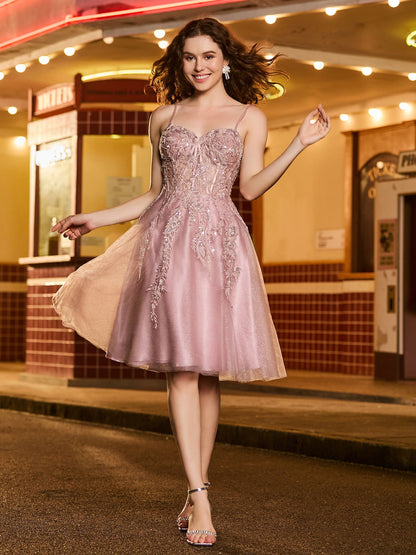 Beaded Corset Top Tulle Glitter Short Prom Dress Dusty Rose