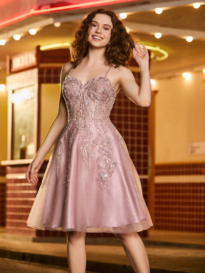 Beaded Corset Top Tulle Glitter Short Prom Dress Dusty Rose