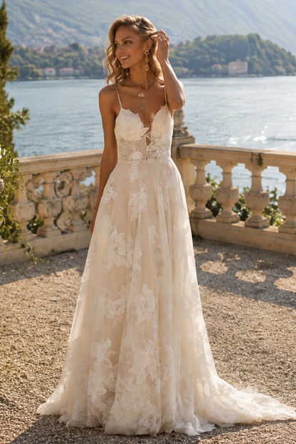 Spaghetti Strap A-Line Lace Wedding Dress with Illusion Bodice and Train