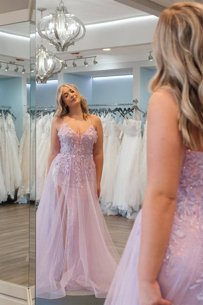 Light Purple Spaghetti Straps A-Line Sequin Long Prom Dress with Appliques