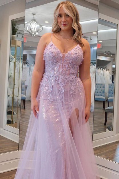 Light Purple Spaghetti Straps A-Line Sequin Long Prom Dress with Appliques