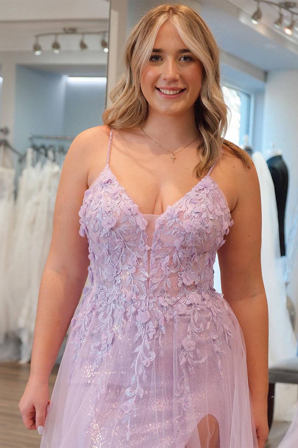 Light Purple Spaghetti Straps A-Line Sequin Long Prom Dress with Appliques