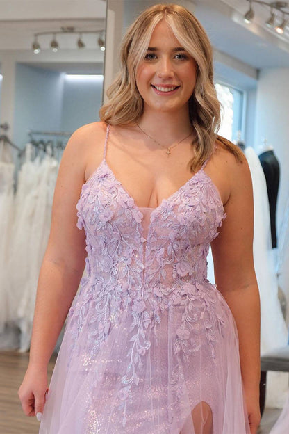 Light Purple Spaghetti Straps A-Line Sequin Long Prom Dress with Appliques