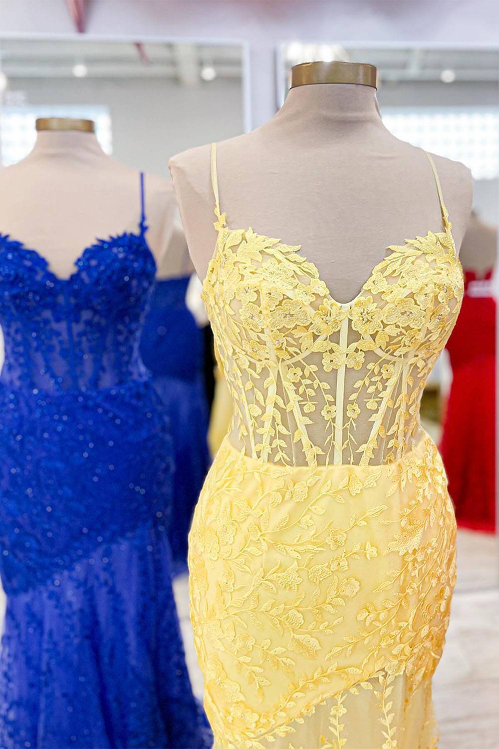 Spaghetti Straps Mermaid Applique Long Corset Prom Dress