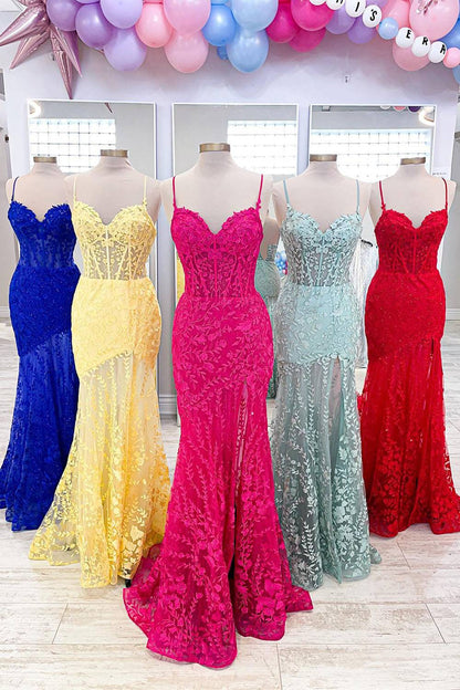 Spaghetti Straps Mermaid Applique Long Corset Prom Dress