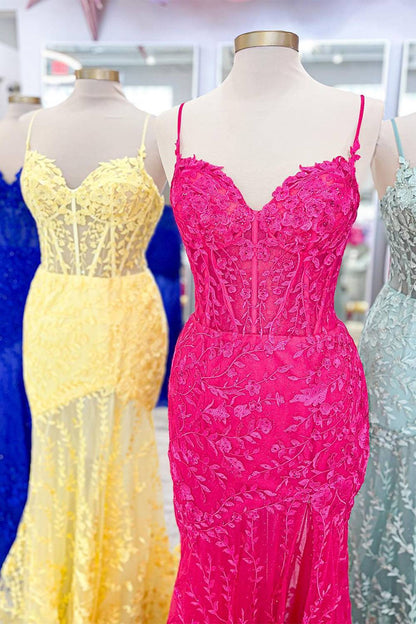 Spaghetti Straps Mermaid Applique Long Corset Prom Dress