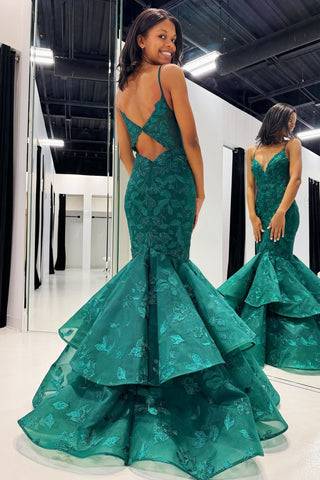 Spaghetti Straps Mermaid Applique Long Prom Dress with Ruffles