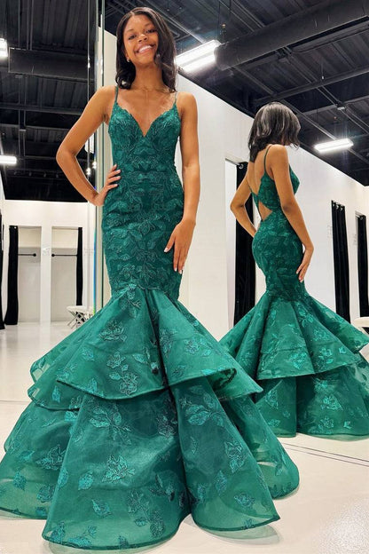 Spaghetti Straps Mermaid Applique Long Prom Dress with Ruffles