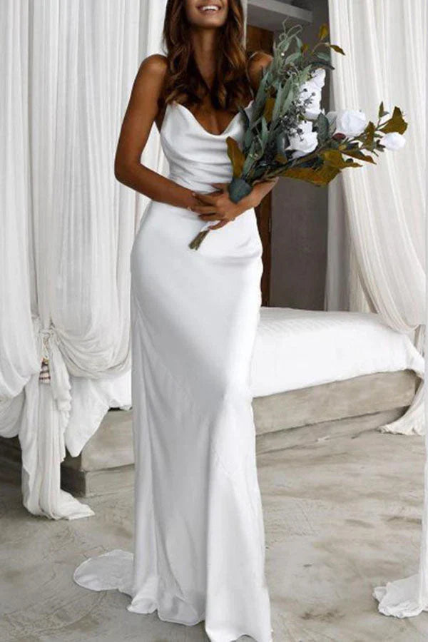 Simple Silk Satin Mermaid Backless Spaghetti Straps Wedding Dresses