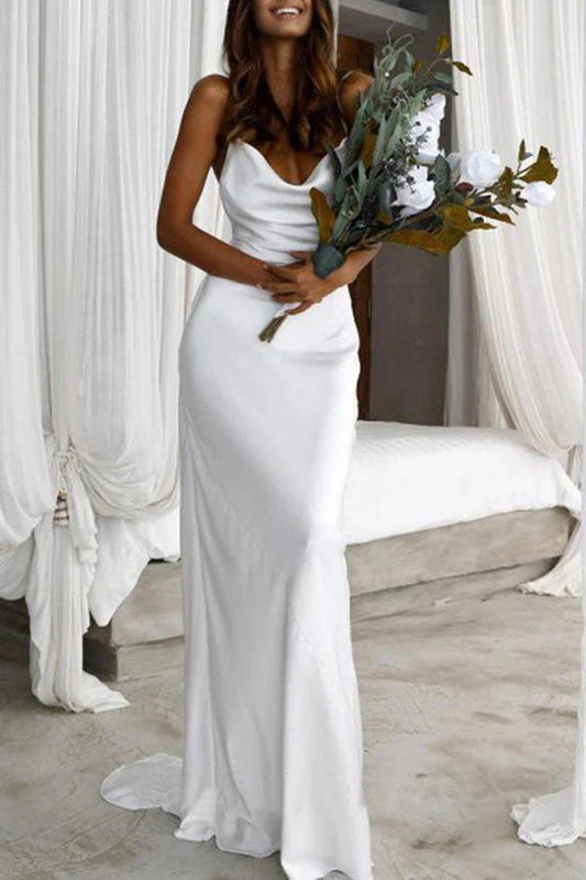 Simple Silk Satin Mermaid Backless Spaghetti Straps Wedding Dresses