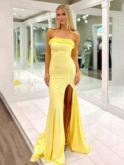 Sparkling satin mermaid long tail off shoulder sleeveless ruffle edge and slit tie back Prom Dresses