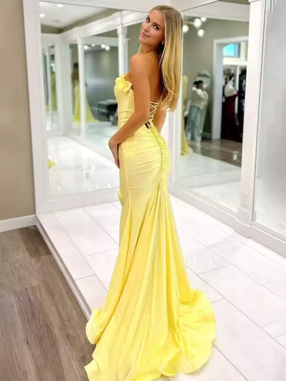 Sparkling satin mermaid long tail off shoulder sleeveless ruffle edge and slit tie back Prom Dresses